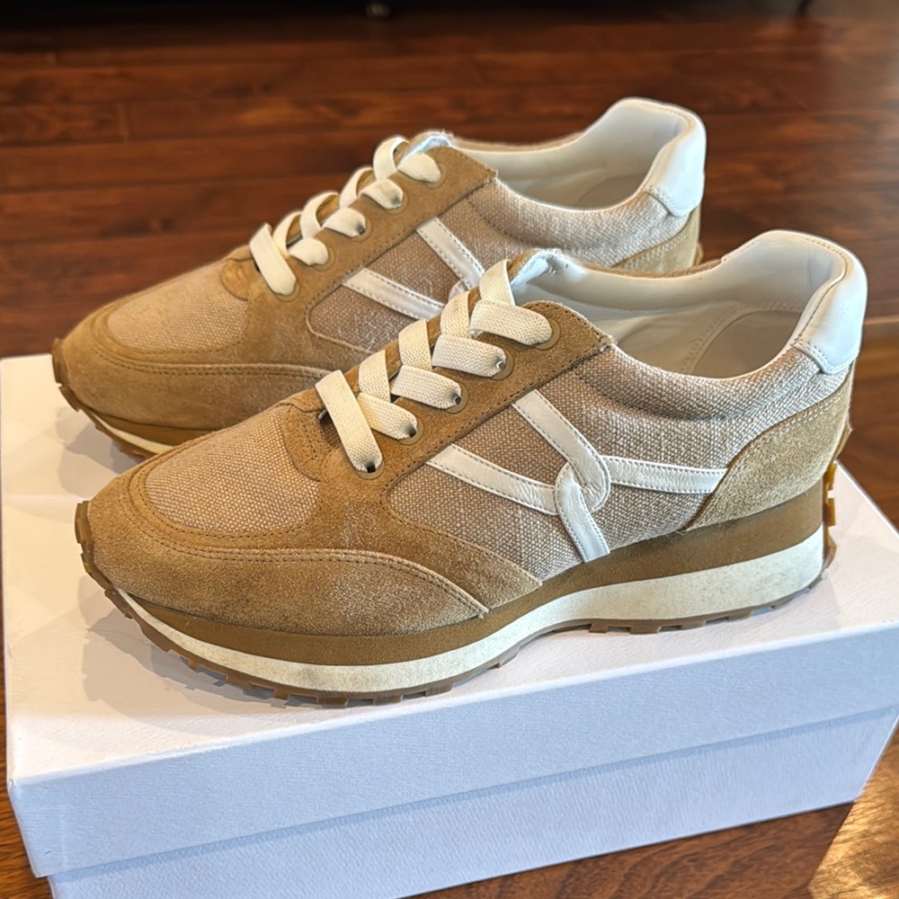 Veronica Beard Tan and White Sneakers